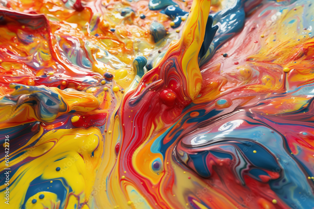 Poster A colorful and abstract painting of a landscape with flowing rivers of paint drips, evoking a sense of movement and fluidity in nature. Generative AI technology.