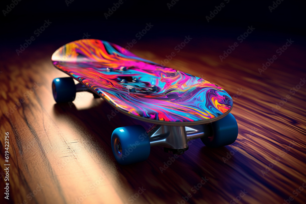 Poster A custom-designed skateboard with a vibrant and abstract paint drip pattern, combining art and sports in a visually captivating way. Generative AI technology.