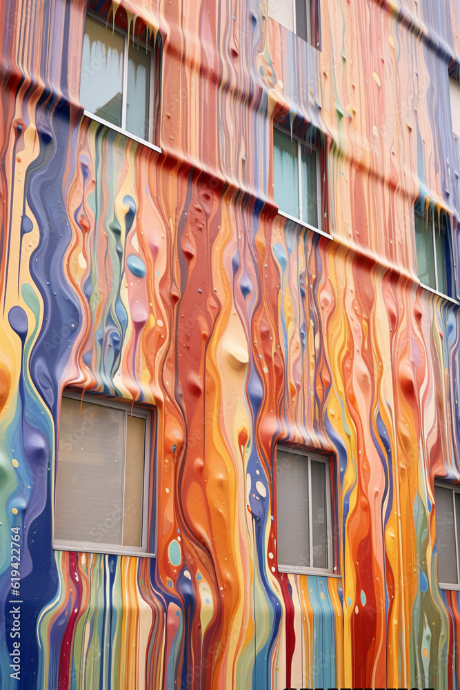 Poster A colorful and abstract mural on a building facade, with paint drips creating a sense of movement and energy in the urban environment. Generative AI technology.