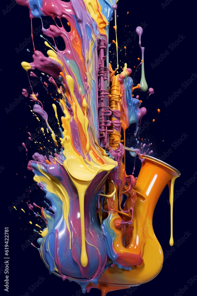 Fototapete An abstract painting of a musical instrument with cascading paint drips, representing the harmony and rhythm of music through visual expression.  Generative AI technology.