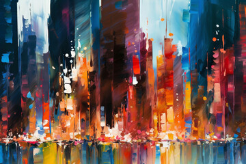 Fototapeta na wymiar An abstract painting of a cityscape with vibrant paint drips depicting the energy and movement of urban life in a visually striking way. Generative AI technology.