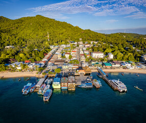 Aerial view of Mae Haad Beach and pier in koh Tao, Thailand