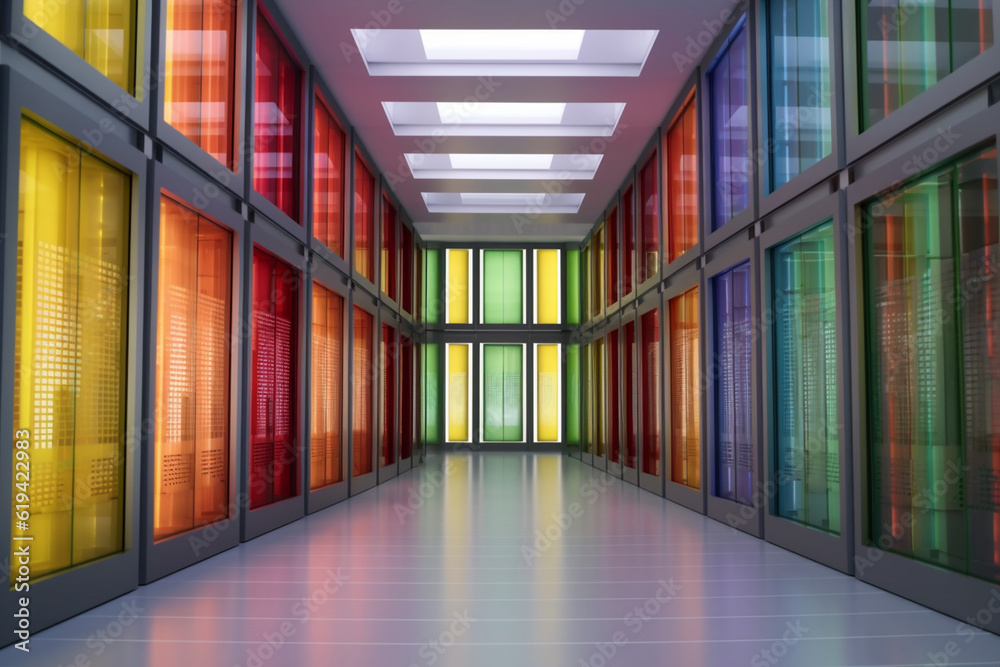 Leinwandbilder An image of a data warehouse with multiple doors representing different data sources, emphasizing the role of data management.  Generative AI technology.