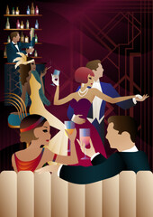 A couple of dancers at a party in retro style. vector illustration. Art Deco style.