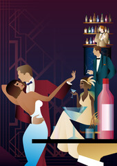 A couple of dancers at a party in retro style. vector illustration. Art Deco style.