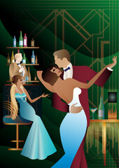 A couple of dancers at a party in retro style. vector illustration. Art Deco style.