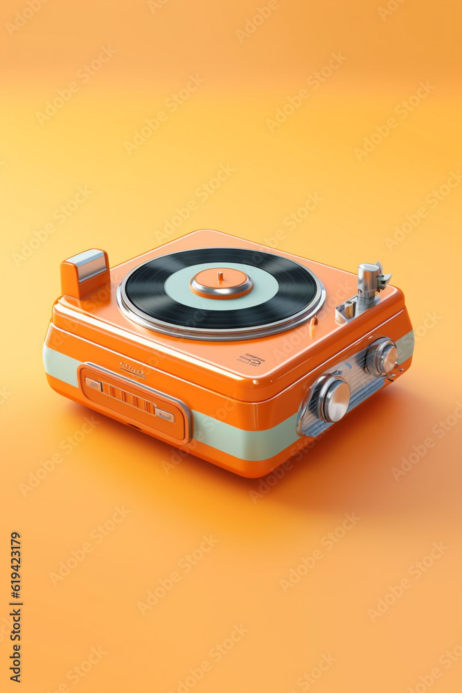 Poster A compact record player in a vibrant shade of orange, designed to resemble a classic jukebox, complete with colorful buttons and a light-up display. Generative AI technology.