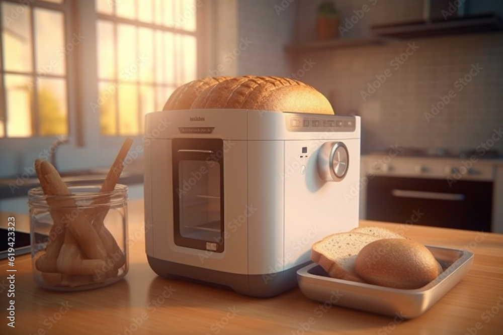 Poster a programmable bread maker with multiple settings, allowing users to enjoy freshly baked bread with 