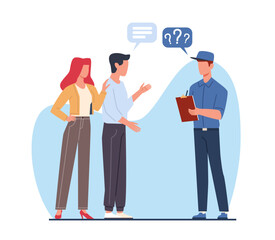 Manager surveys couple to assess quality of services provided. Man with checklist, family gives review. Task management, CRM system. Cartoon flat style isolated vector feedback concept