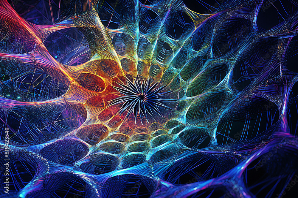 Fototapete A close-up of a spider's web, capturing the intricate spiral pattern and the intricate threads.  Generative AI technology.