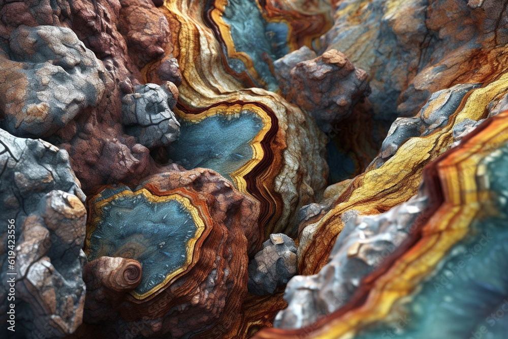 Aufkleber The intricate patterns and textures of a rock formation, capturing its unique layers, cracks, and mineral compositions. Generative AI technology.