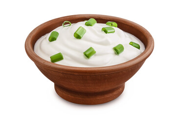 sour cream or yogurt in ceramic bowl with green onion isolated on white background with full depth of field