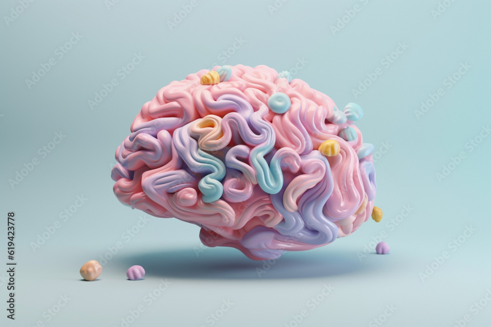 Poster a pastel-colored brain with gentle swirls and soft gradients, evoking a sense of calm and tranquilit