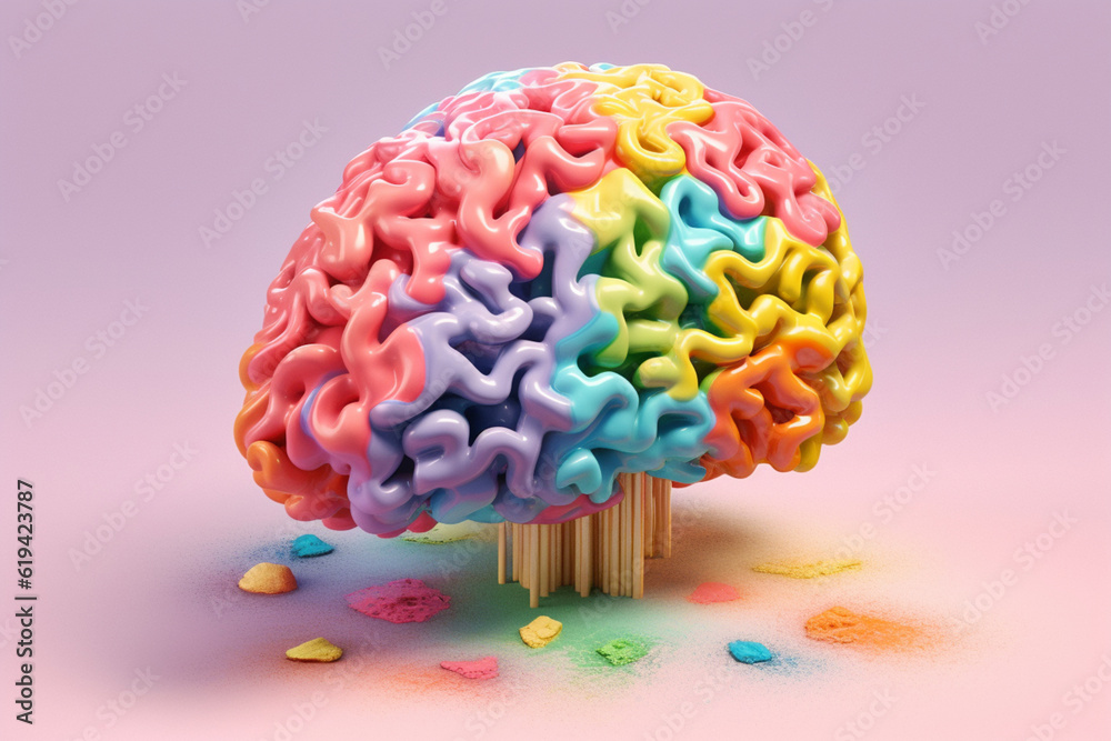 Poster A pastel rainbow brain with interlocking puzzle pieces, representing the complexity and interconnectedness of thoughts. Generative AI technology.