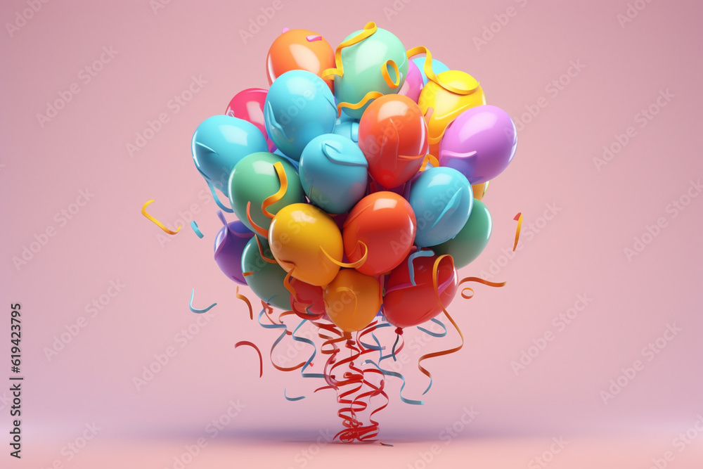 Poster A whimsical pastel brain with colorful balloons and floating ribbons, capturing a sense of joy and lightheartedness. Generative AI technology.