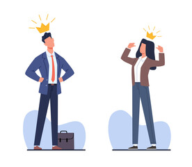 Narcissistic people, man and woman praised and proud of themselves, confidence egocentric attitude. Narcissist business people in crown. Cartoon flat isolated illustration. Vector concept - obrazy, fototapety, plakaty