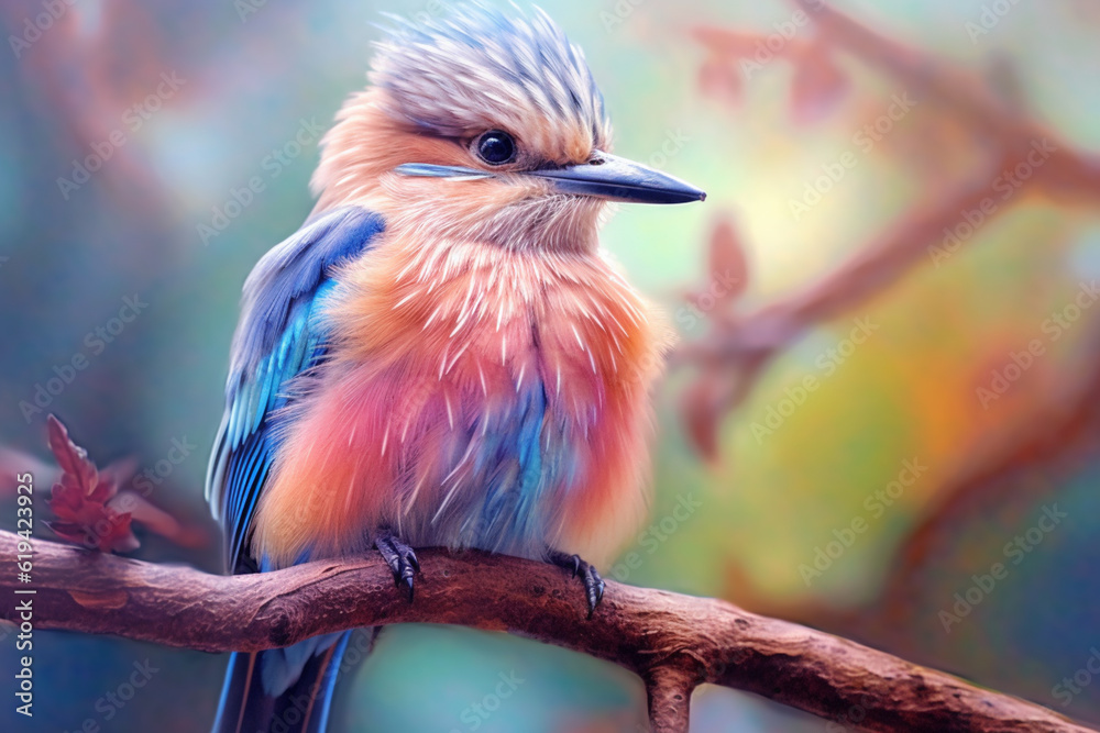 Poster a pastel bird perched on a branch, its feathers adorned with subtle pastel shades and intricate deta