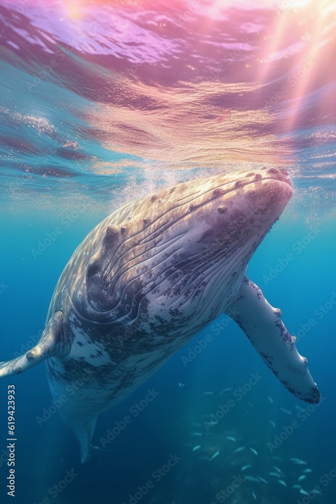 Poster a pastel whale swimming in a sea of soft pastel waves, its gentle presence conveying a sense of calm