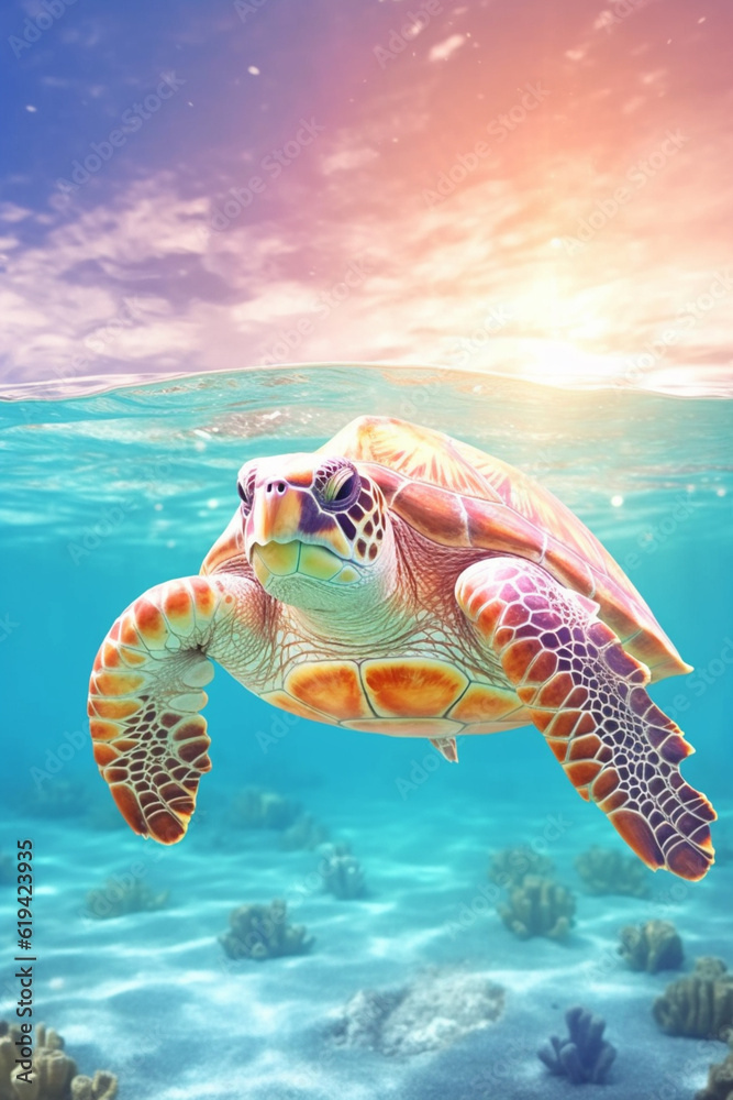 Poster a pastel turtle with a shell in soft shades of mint and peach, moving leisurely through a pastel aqu