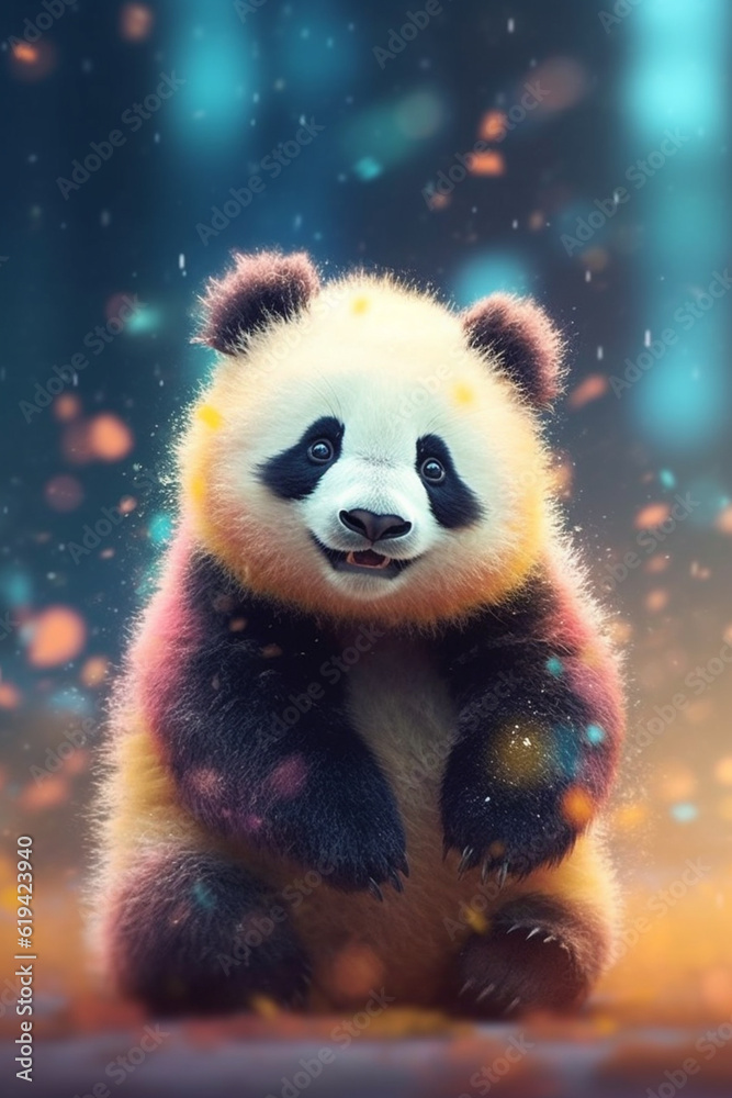 Poster a pastel-colored panda with a gentle expression and soft fur, its pastel palette adding a touch of s