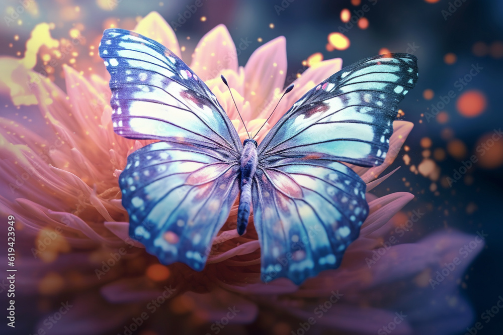 Poster A pastel butterfly with intricate patterns and delicate wings, hovering above pastel flowers in a serene and enchanting scene. Generative AI technology.