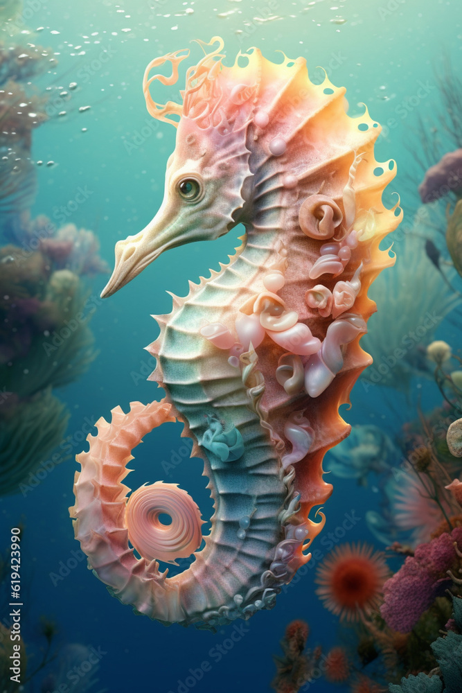 Poster a pastel seahorse with delicate curves and patterns, its soft hues mirroring the tranquil depths of 
