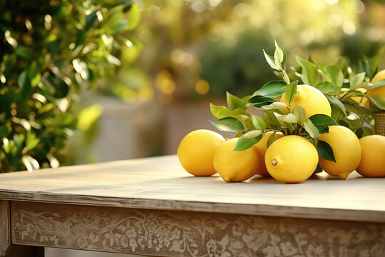 Frisch geerntete Zitronen auf einem Tisch mit Freiraum f&uuml;r Produktpr&auml;sentation, im Hintergrund unscharf eine Zitronenplantage.