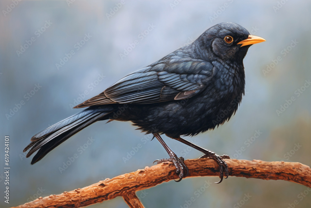 Poster a pastel blackbird perched on a branch, its feathers adorned with subtle pastel shades and intricate