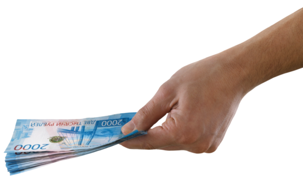 Bunch of Russian rubles are counted in the human hand