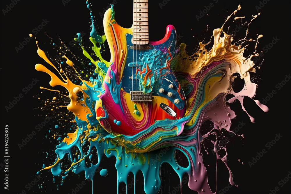 Poster a bowl filled with colorful paint, with paintbrushes partially submerged and dripping, illustrating 