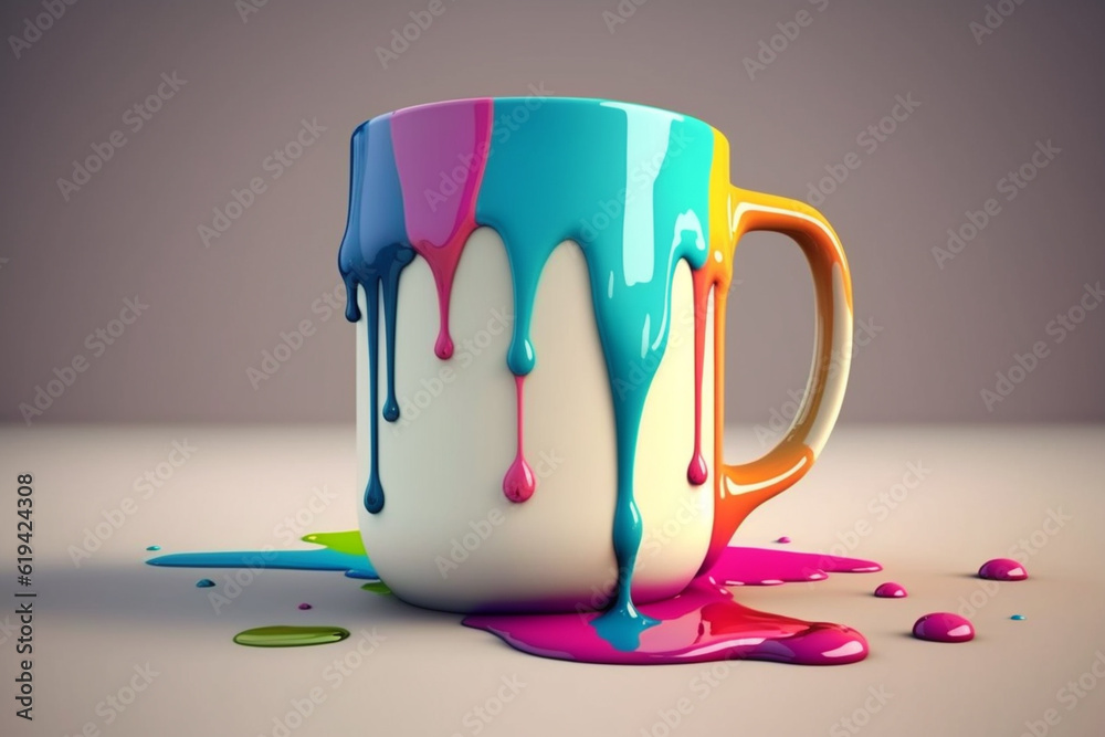 Leinwandbilder a set of ceramic mugs with colorful paint dripping down their sides, adding a playful and artistic t