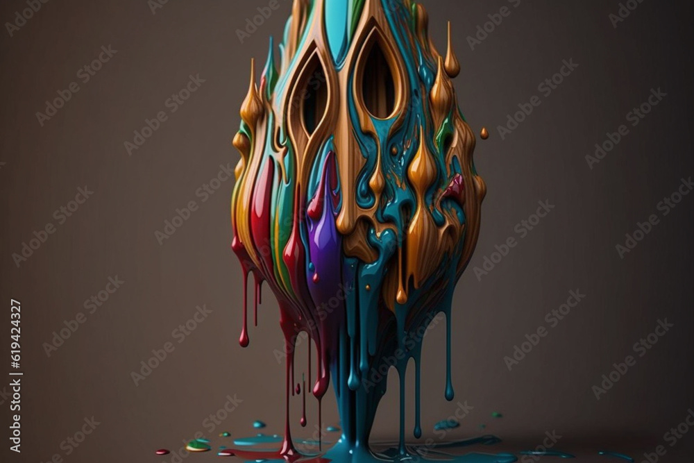 Aufkleber a wooden sculpture with colorful paint dripping down its intricate carvings, accentuating the detail