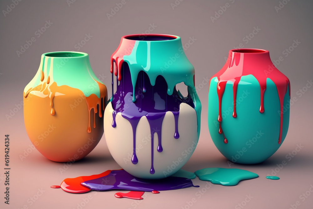 Poster a set of ceramic vases with vibrant paint dripping from the rims, transforming them into bold and ar