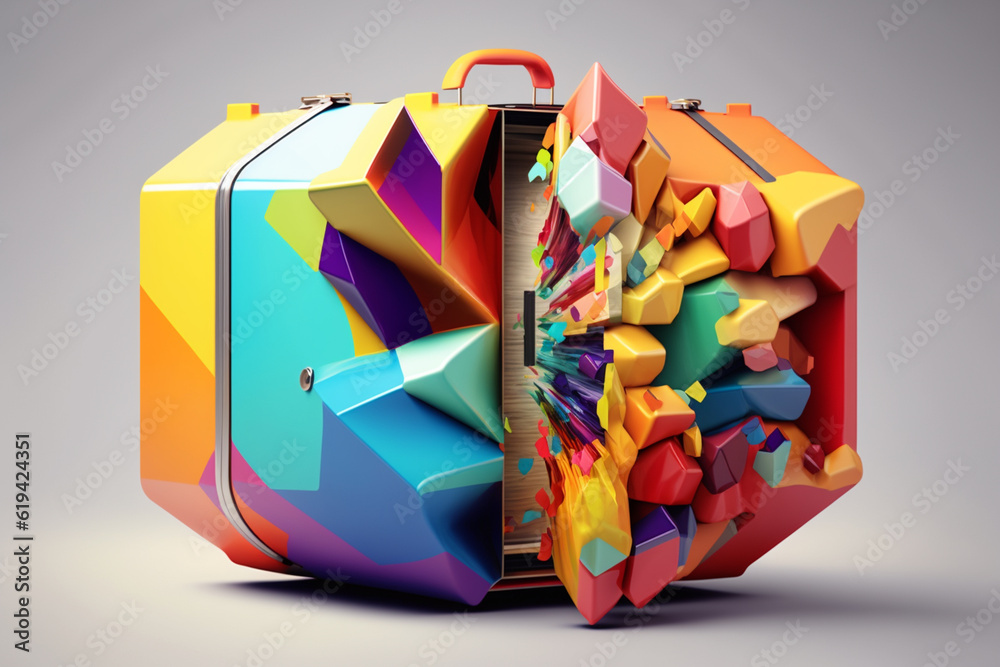 Aufkleber an abstract suitcase bursting with colorful geometric shapes, representing the anticipation and expl