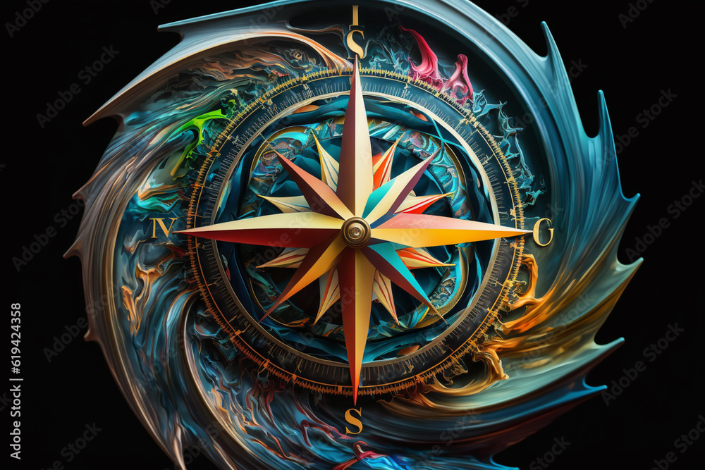 Poster  An abstract compass with swirling lines and vibrant shades, symbolizing the navigation and discovery inherent in tourism. Generative AI technology.