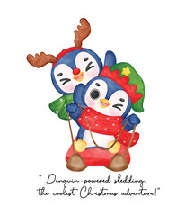 cute christmas penguin cartoon watercolor in sled