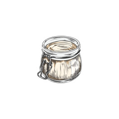 Coconut oil in jar for cooking and body sketch vector illustration isolated.