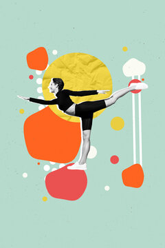 Vertical magazine sketch picture collage of sporty girl practicing gymnastics preparing sport contest isolated on retro drawing background