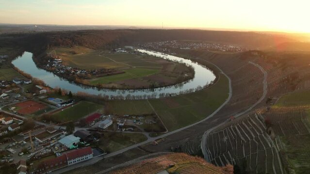 Aerial view of the Neckar loops at sunset, Marbach am Neckar, Germany, Europe