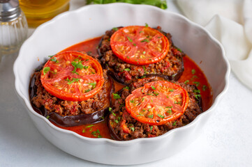 Traditional, delicious Turkish food, eggplant dish. Turkish name; Patlican oturtma