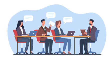 Supervisor takes notes at meeting while listening to employee information. Male and female characters with expert on team brainstorm. Manager in office. Cartoon flat isolated vector concept