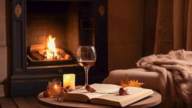 A glass of wine, a book and a candle on the background of the fireplace. Generative AI.