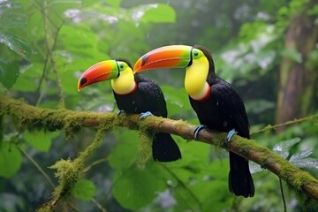 Obraz premium Two toucans sitting on the branch in the forest, green vegetation in the background.