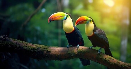 Obraz premium Two toucans sitting on the branch in the forest, green vegetation in the background.