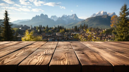 Empty wooden surface and blurred mountain landscape background.