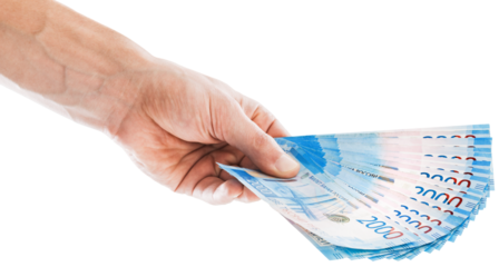 Bunch of Russian rubles are counted in the human hand