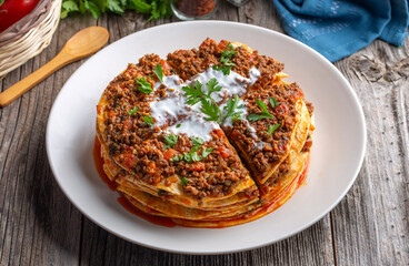 Turkish Food Kayseri Yaglama with Minced Meat, Yogurt and Tomato Paste