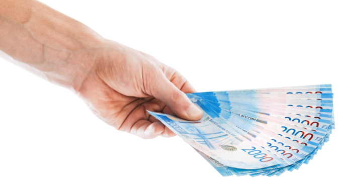 Bunch of Russian rubles are counted in the human hand