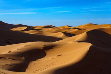 Fototapeta na wymiar Morocco. Merzouga. Sand dunes of Sahara desert under a blue sky