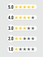 Star rating icons on gray background. One to five-star halfling feedback, review, and rate our symbols. One to five full and half-full stars. stock illustration